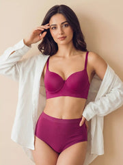 Cotton Push-Up Bonded Bra (Level-3 Padding) 3/4th Coverage & Mid Rise Flexifit Hipster Panty Lingerie Set  (TW-93510&63) (Wine)