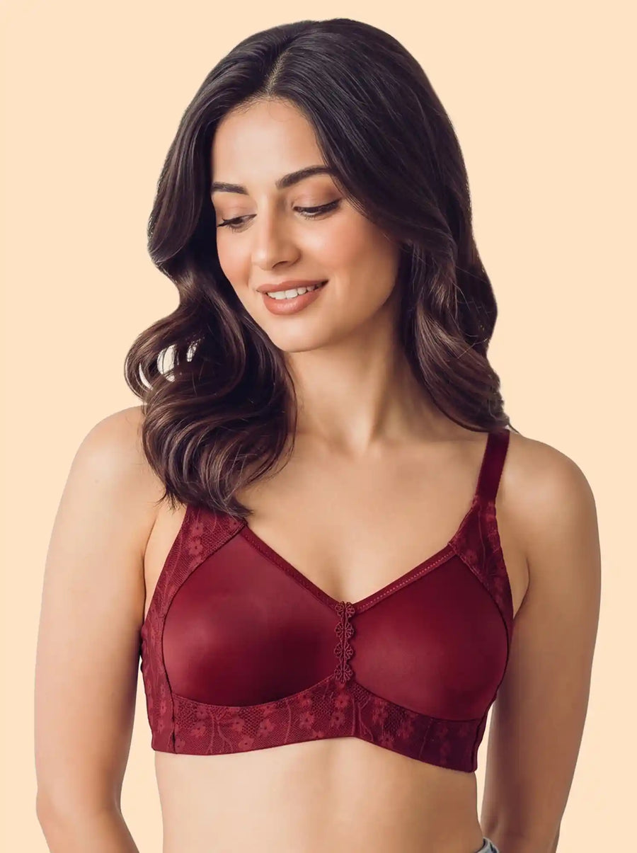 Cotton Non-Padded M-Frame Minimiser Bonded Bra | Lace Detailing | Full Coverage (TW-SB-96006) (Maroon)