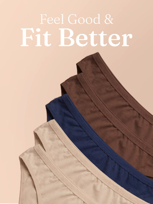 Three pairs of underwear in beige, blue, and brown on a beige background with 'Feel Good & Fit Better' text.