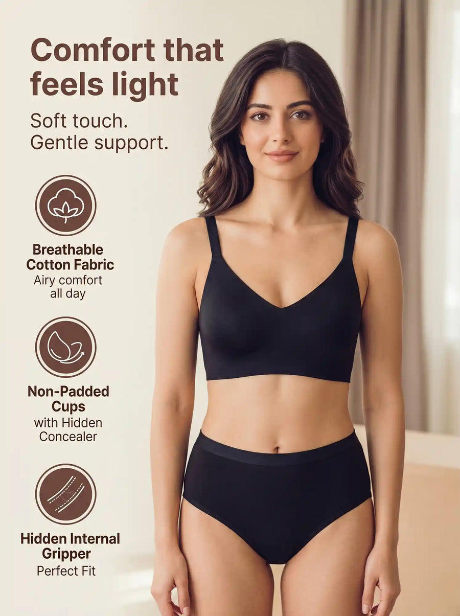 Cotton Full Coverage Non-Padded Bonded Bra & Mid Rise Flexifit Hipster Panty Lingerie Set (TW-SB-935&63)(Black)