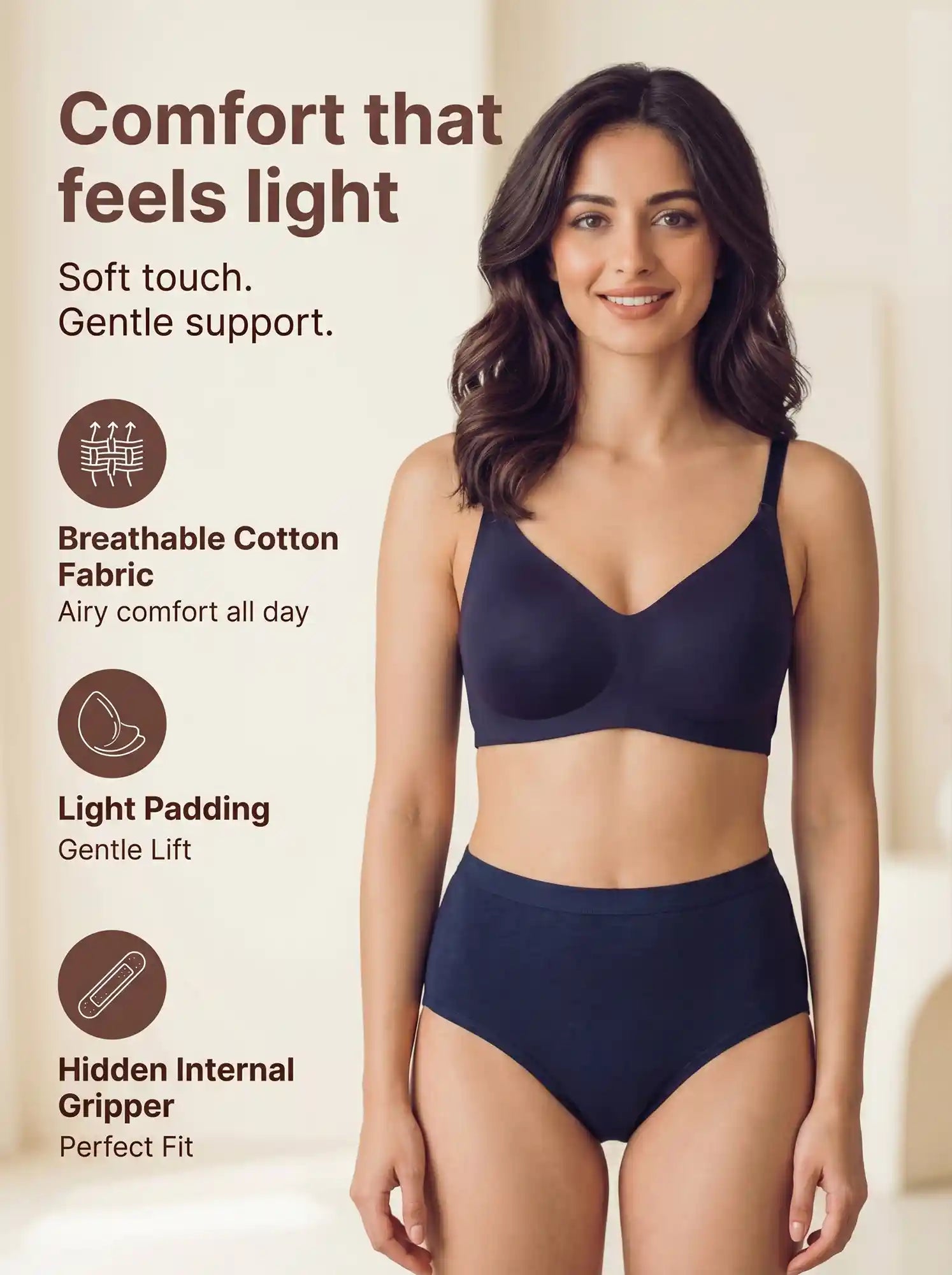 Cotton Lingerie Set | Full Coverage Padded Bonded Bra | Hipster Mid-Rise Panty (38&63)(Navy)