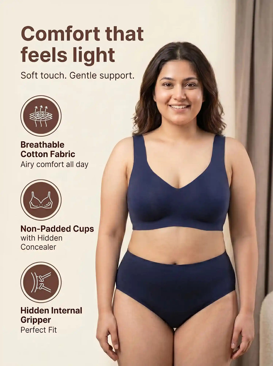 Cotton Plus Size Non-Padded Bonded Bra | Full Coverage & Mid Rise Flexifit Hipster Panty Lingerie Set (TW-SB-915&63)(Navy)
