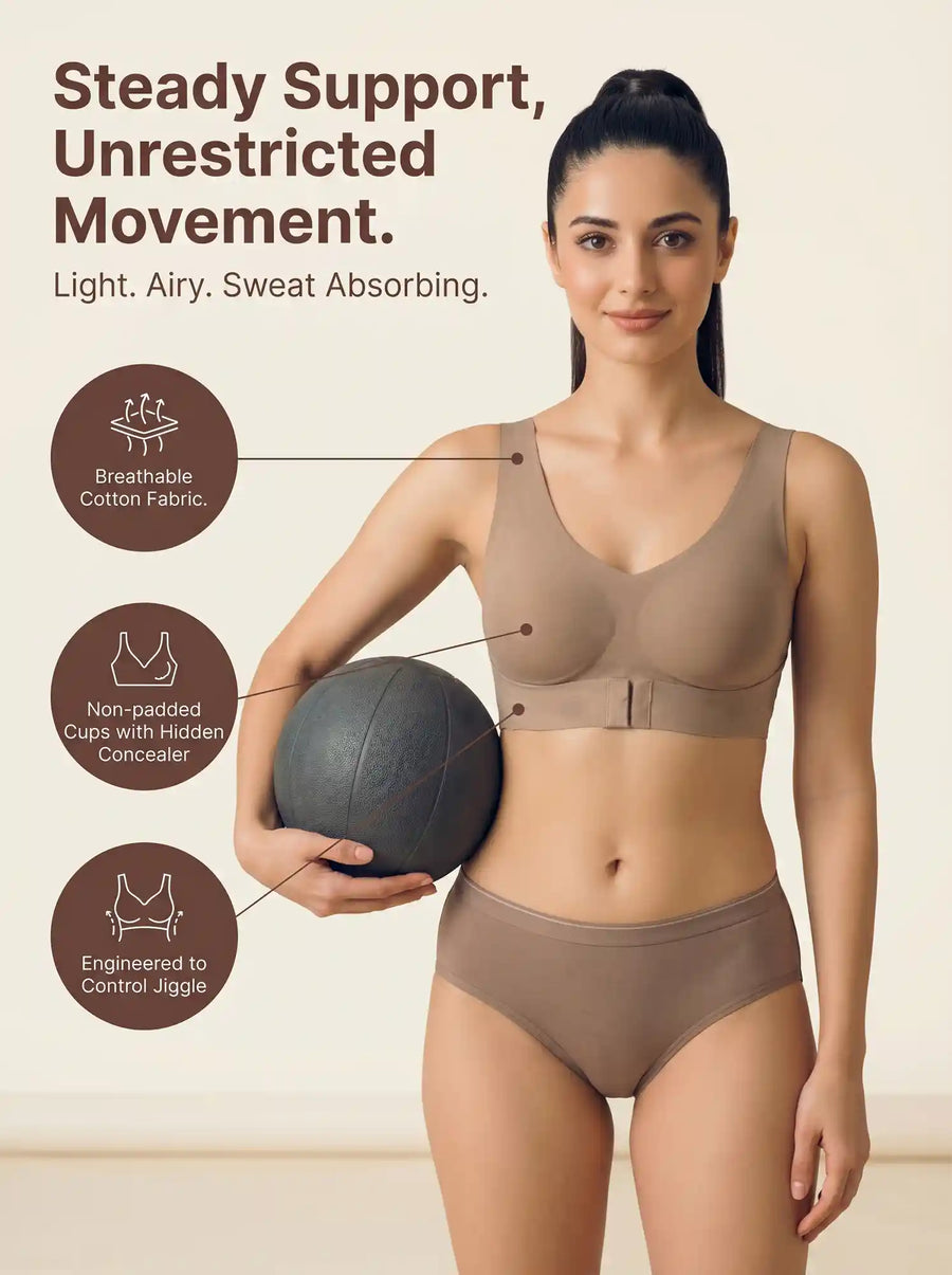 Cotton Non-Padded Bonded Gym Bra | Crisscross Back | Mid Rise Flexifit Hipster Panty Lingerie Set (TW-SB-95+63)(Fawn)