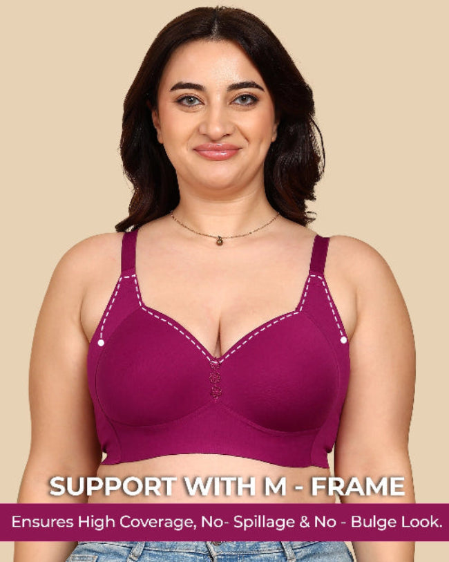 Woman wearing a purple bra with text on a beige background