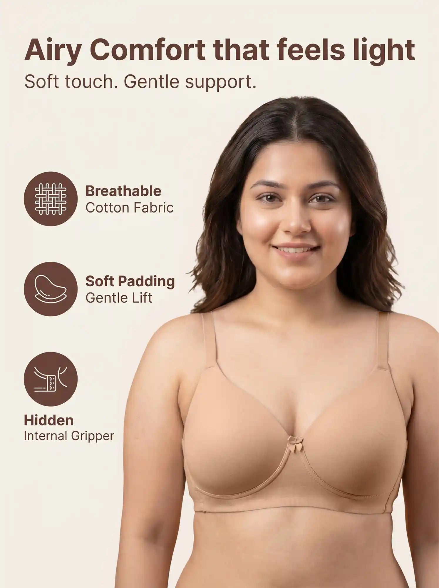 Cotton Padded Plus-Size Bonded Bra | Dailywear Seamless T-Shirt Bra | Breathable Cotton (TW-SB-9082) (SKIN)
