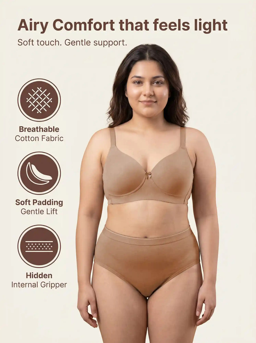 Cotton Padded Bonded Everyday Plus-Size T-Shirt Bonded Bra & Mid Rise Flexifit Hipster Panty Lingerie Set (TW-SB-9082-SET) (Fawn)
