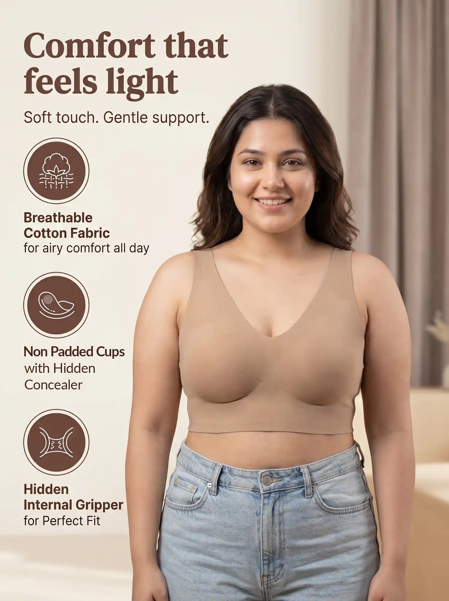 Cotton Non-Padded Plus-Size Bonded Bra with Hidden Concealer (SB-915-Fawn)