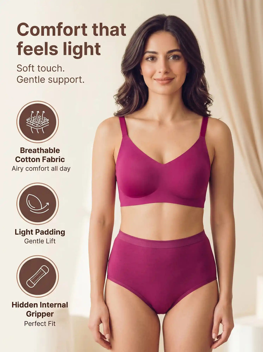 Cotton Full Coverage Padded Bonded Bra & Mid Rise Flexifit Hipster Panty Lingerie Set (TW-SB-938&63)(Wine)