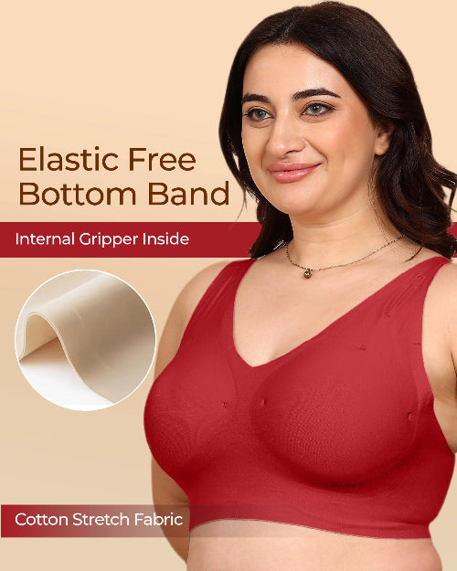 Woman wearing a red bra with text about an elastic free bottom band on a beige background