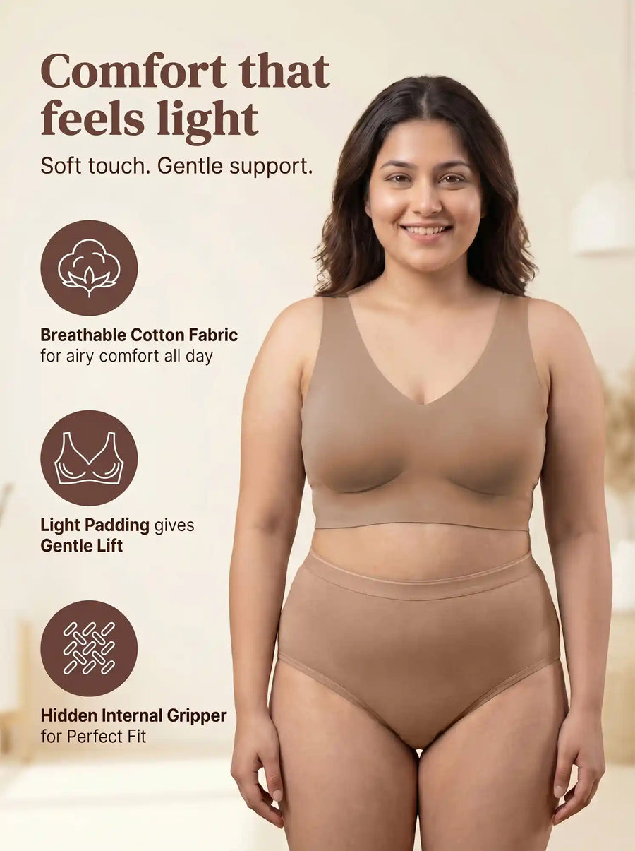 Cotton Plus Size Padded Bonded Bra | Full Coverage & Mid Rise Flexifit Hipster Panty Lingerie Set (TW-SB-918&63)(Fawn)