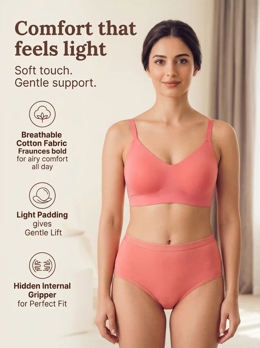 Cotton Full Coverage Non-Padded Bonded Bra & Mid Rise Flexifit Hipster Panty Lingerie Set (TW-SB-935&63)(Coral)
