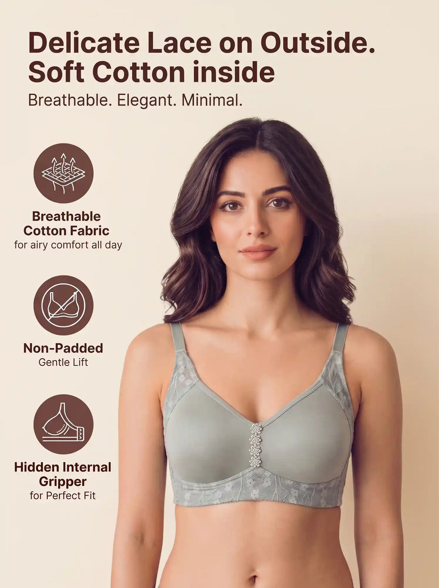 Cotton Non-Padded M-Frame Minimiser Bonded Bra | Lace Detailing | Full Coverage (TW-SB-96006) (Olive)