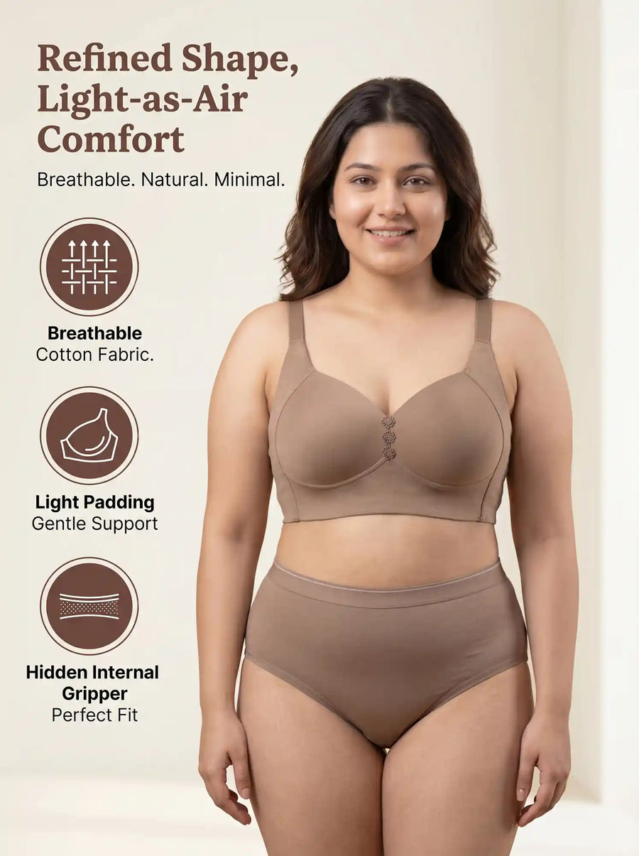Cotton Padded M-Frame Minimiser Bonded Bra & Mid Rise Flexifit Hipster Panty Lingerie Set (TW-SB-9203&63) (Fawn)