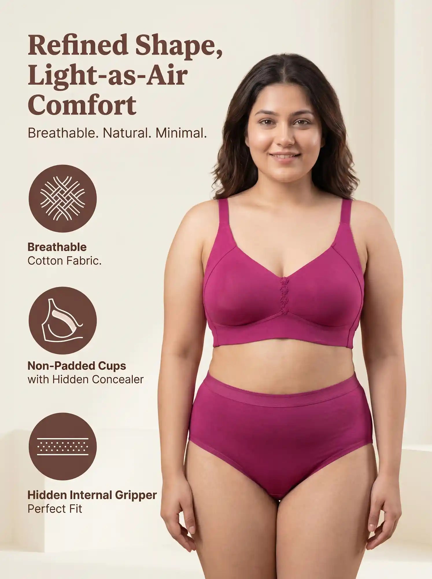 Cotton Non-Padded M-Frame Minimiser Bonded Bra & Mid Rise Flexifit Hipster Panty Lingerie Set (TW-SB-9303+63) (Wine)