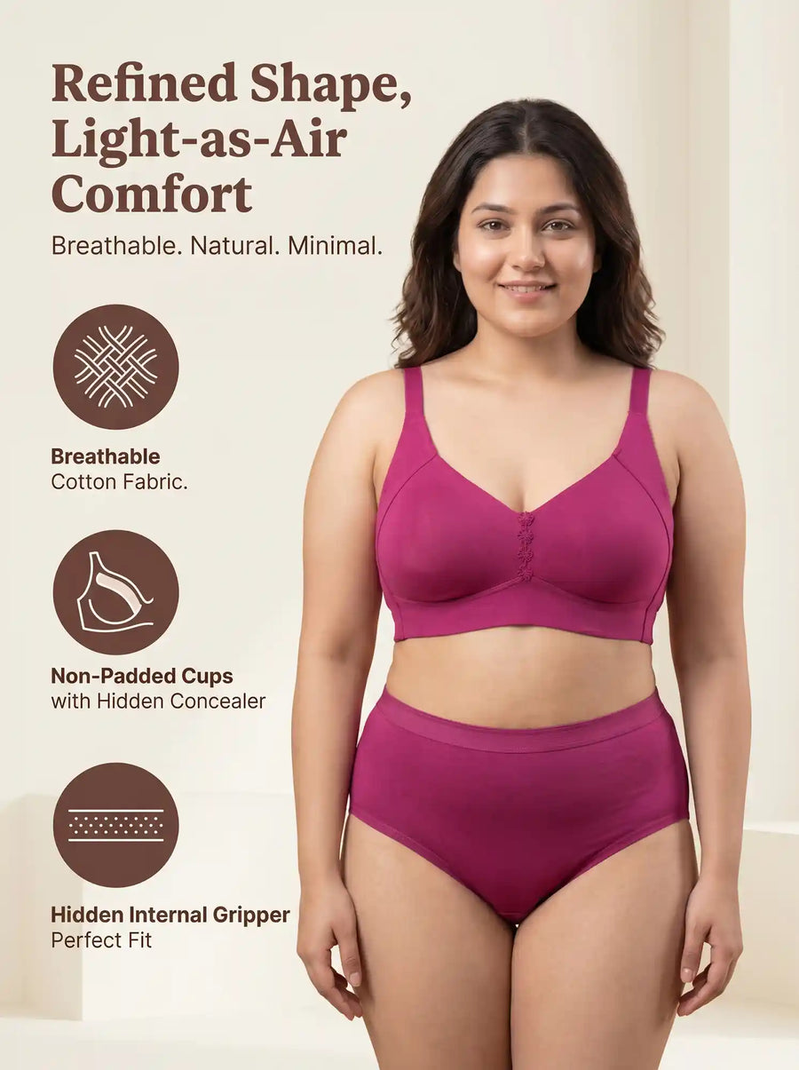 Cotton Non-Padded M-Frame Minimiser Bonded Bra & Mid Rise Flexifit Hipster Panty Lingerie Set (TW-SB-9303+63) (Wine)