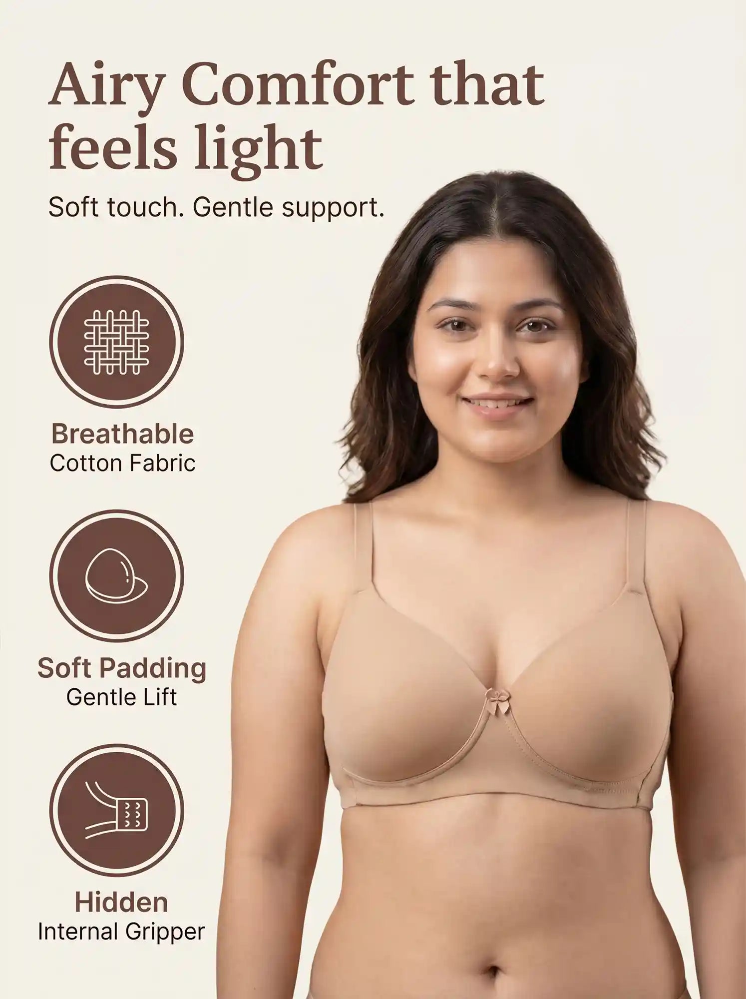 Cotton Padded Plus-Size Bonded Bra | Dailywear Seamless T-Shirt Bra | Breathable Cotton (TW-SB-9082) (FAWN)