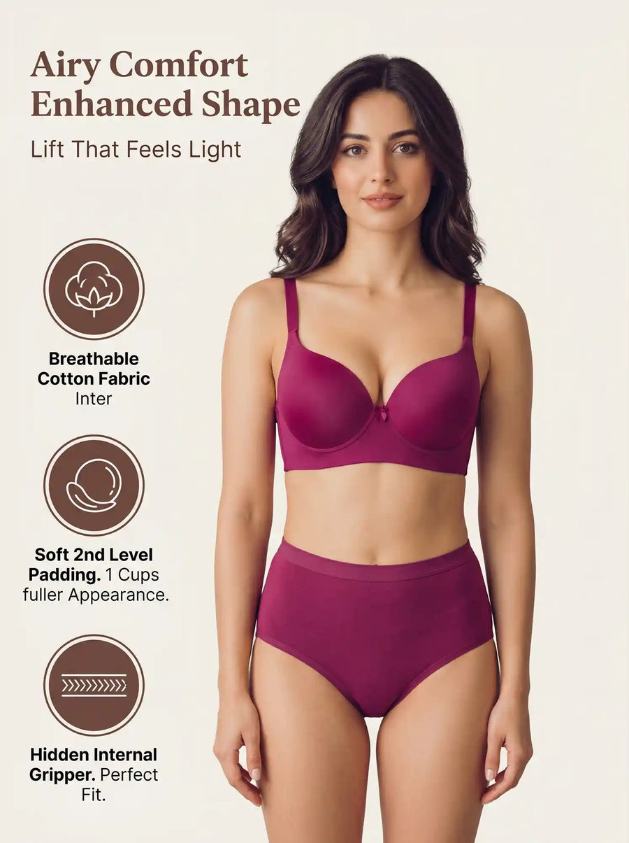 Cotton Push-Up Bonded Bra (Level-2 Padding) 3/4th Coverage & Mid Rise Flexifit Hipster Panty Lingerie Set  (TW-SB-97015&63)(Wine)