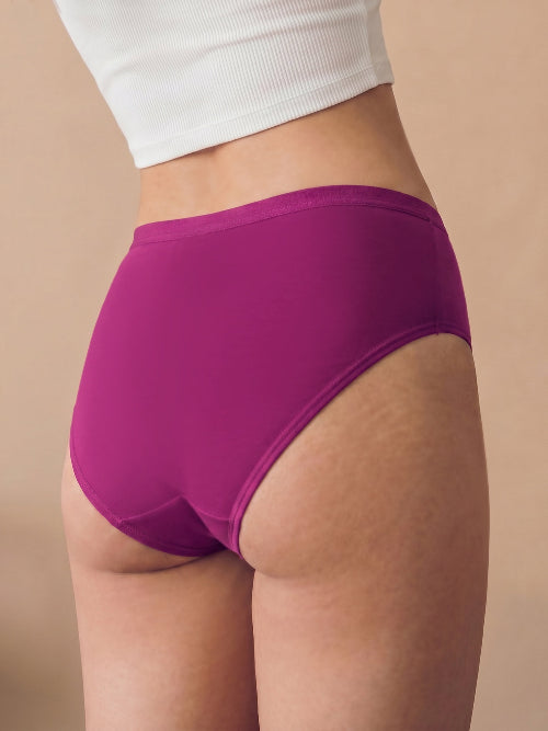 Purple underwear worn by a person on a beige background