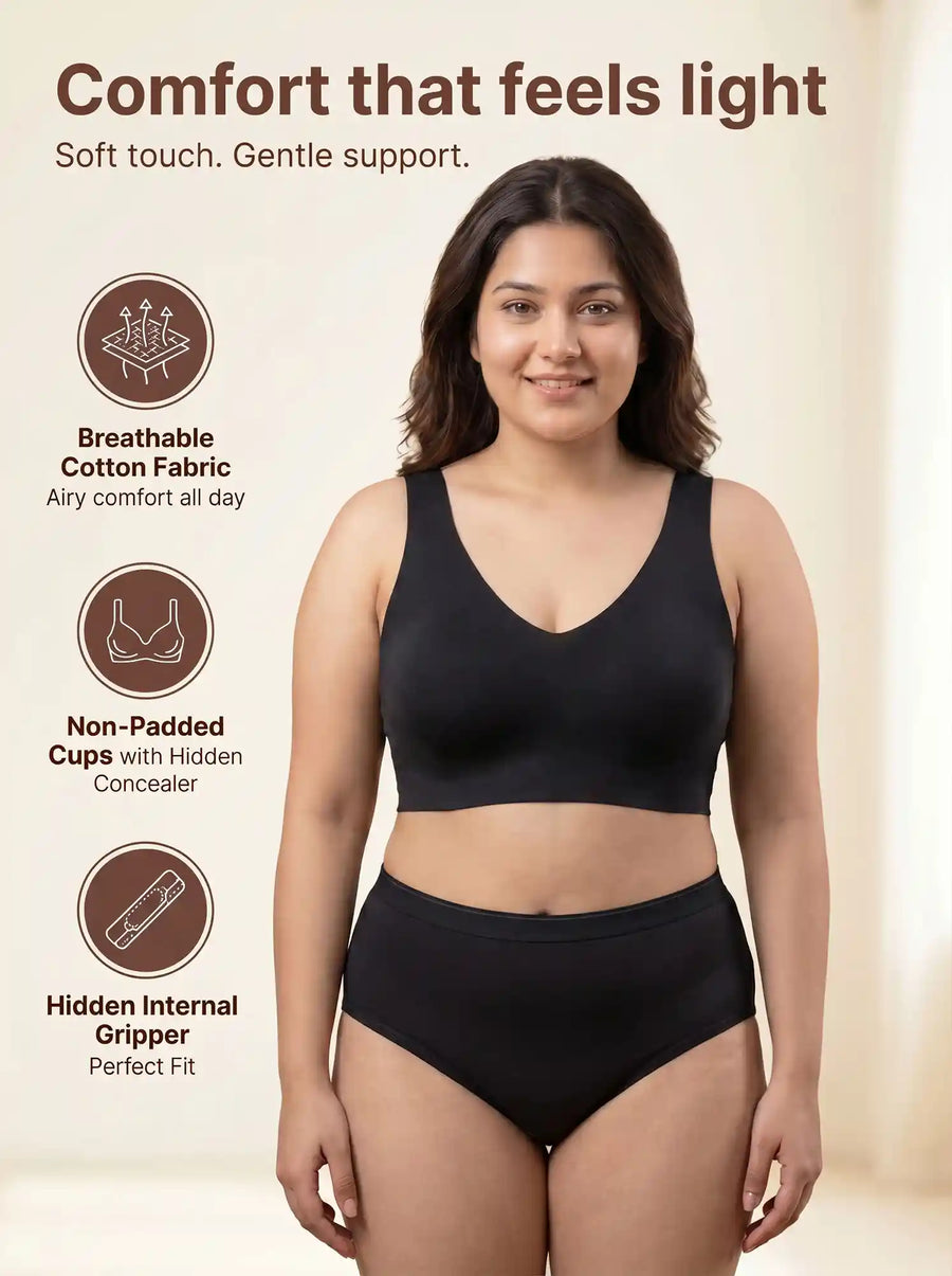 Cotton Plus Size Non-Padded Bonded Bra | Full Coverage & Mid Rise Flexifit Hipster Panty Lingerie Set (TW-SB-915&63)(Black)