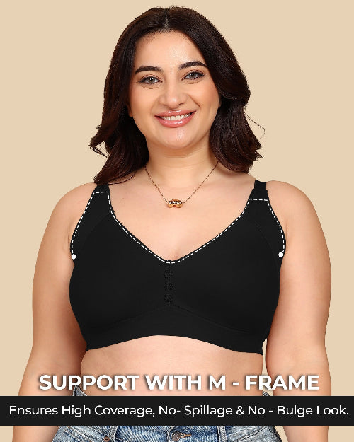 Woman wearing a black bralette with text on a beige background