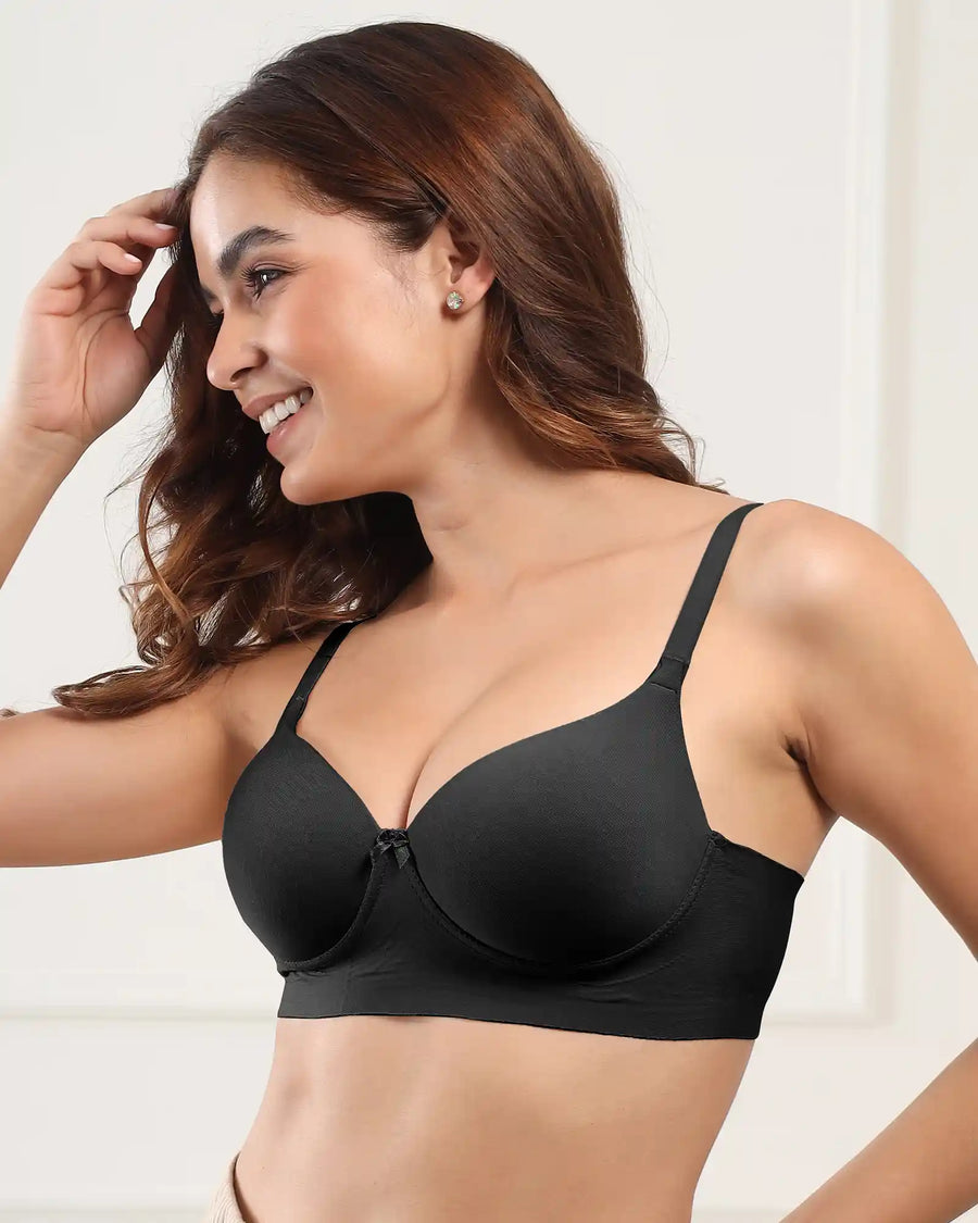 Cotton Non-wired Push-Up Bonded Bra (Level-3 Padding) with 3/4th Coverage (SB-93510) (Black) (GB)