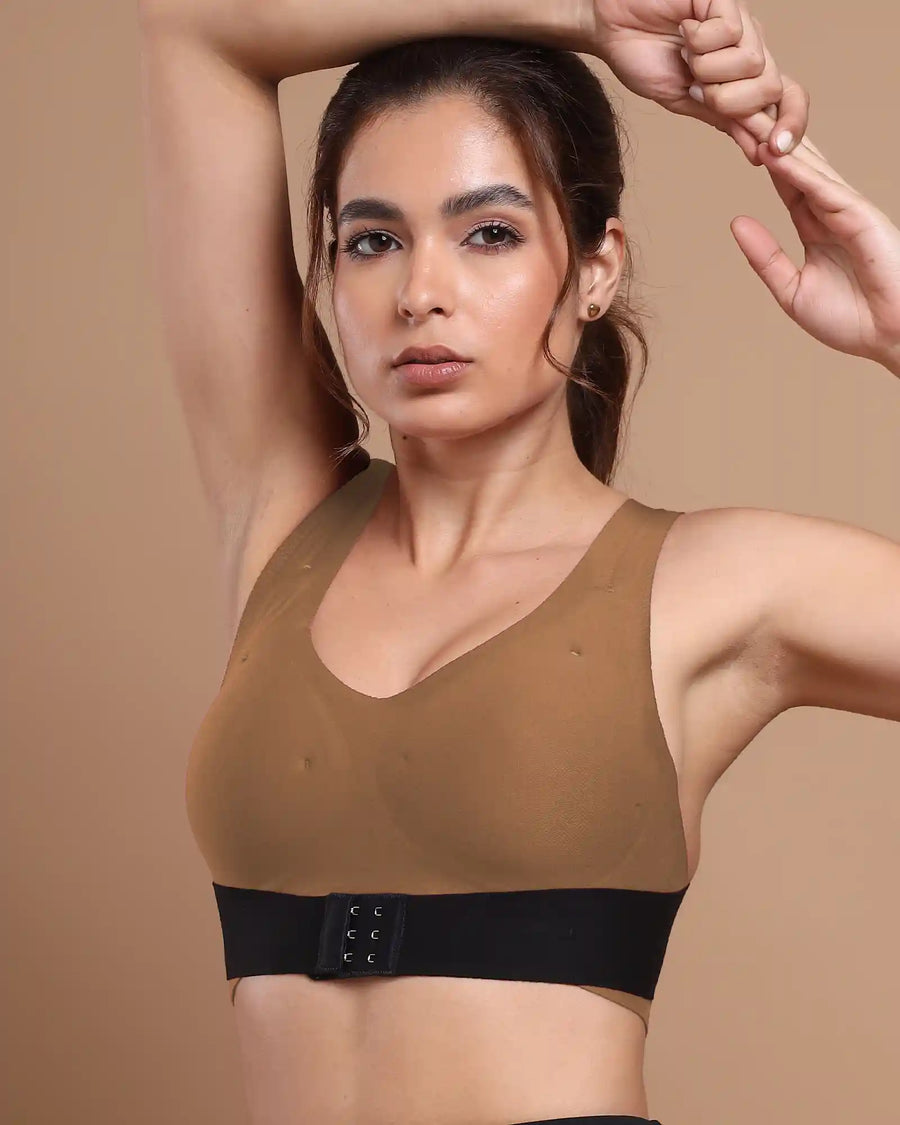 Bonded Gym Bra with Crisscross Back | Padded | Breathable Cotton (TW-SB-9977-FWN+BLK) (GB)