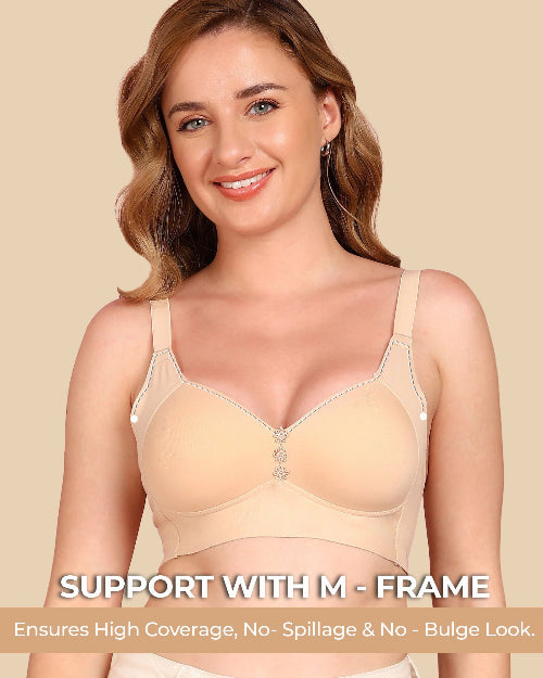 Woman wearing a beige bra with text on a beige background