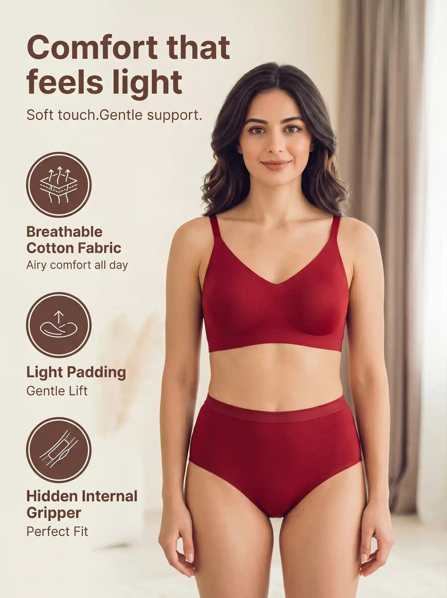 Cotton Full Coverage Padded Bonded Bra & Mid Rise Flexifit Hipster Panty Lingerie Set (TW-SB-938&63)(Red)