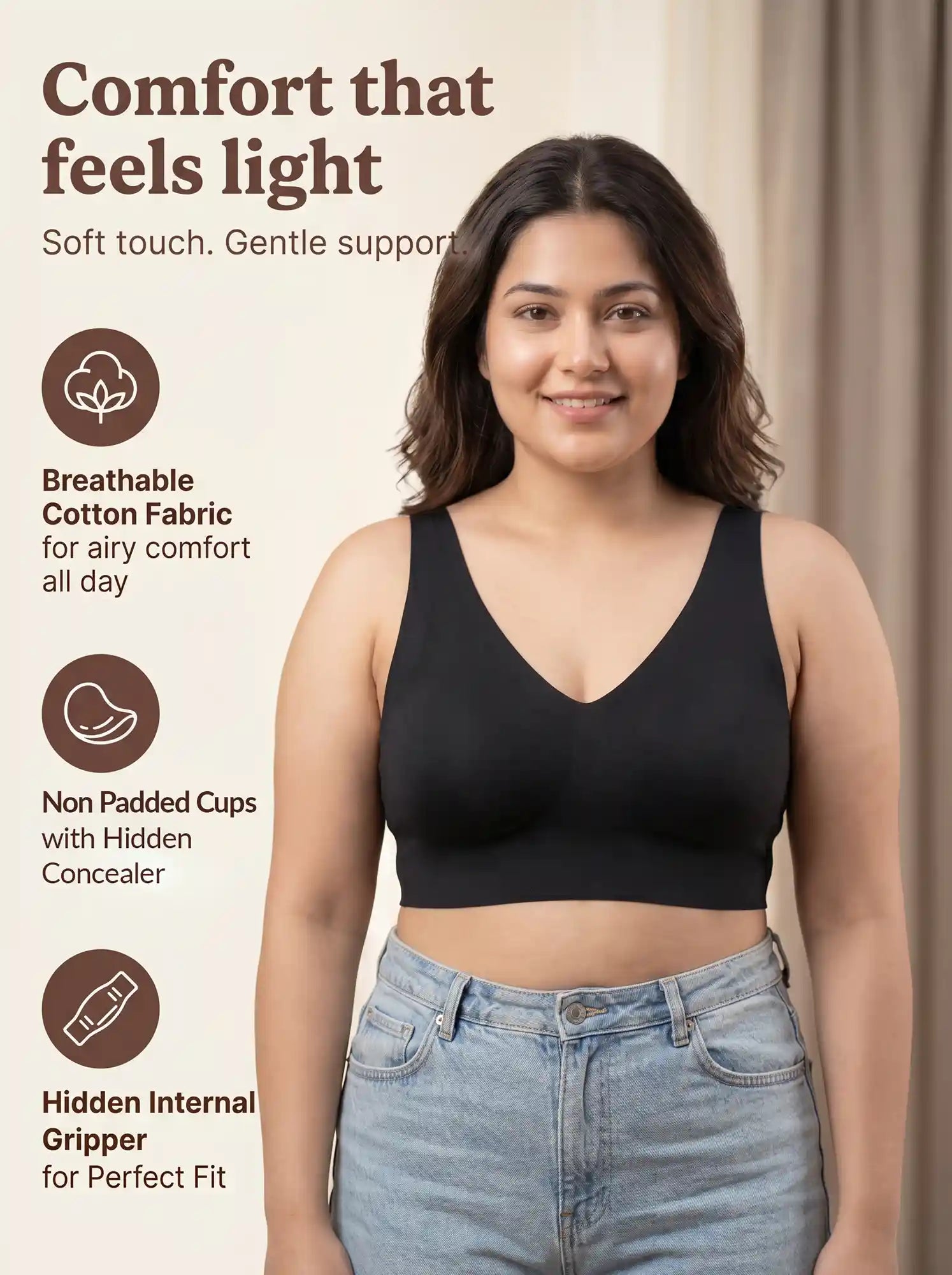 Cotton Non-Padded Plus-Size Bonded Bra with Hidden Concealer (SB-915-Black)