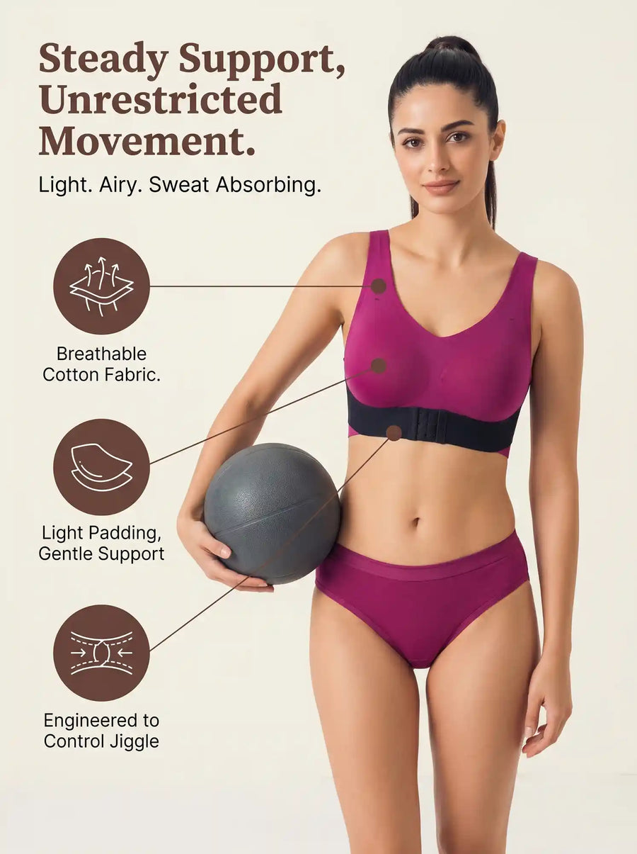 Cotton Padded Bonded Gym Bra | Crisscross Back | Mid Rise Flexifit Hipster Panty Lingerie Set (TW-SB-9977+63)(Wine)