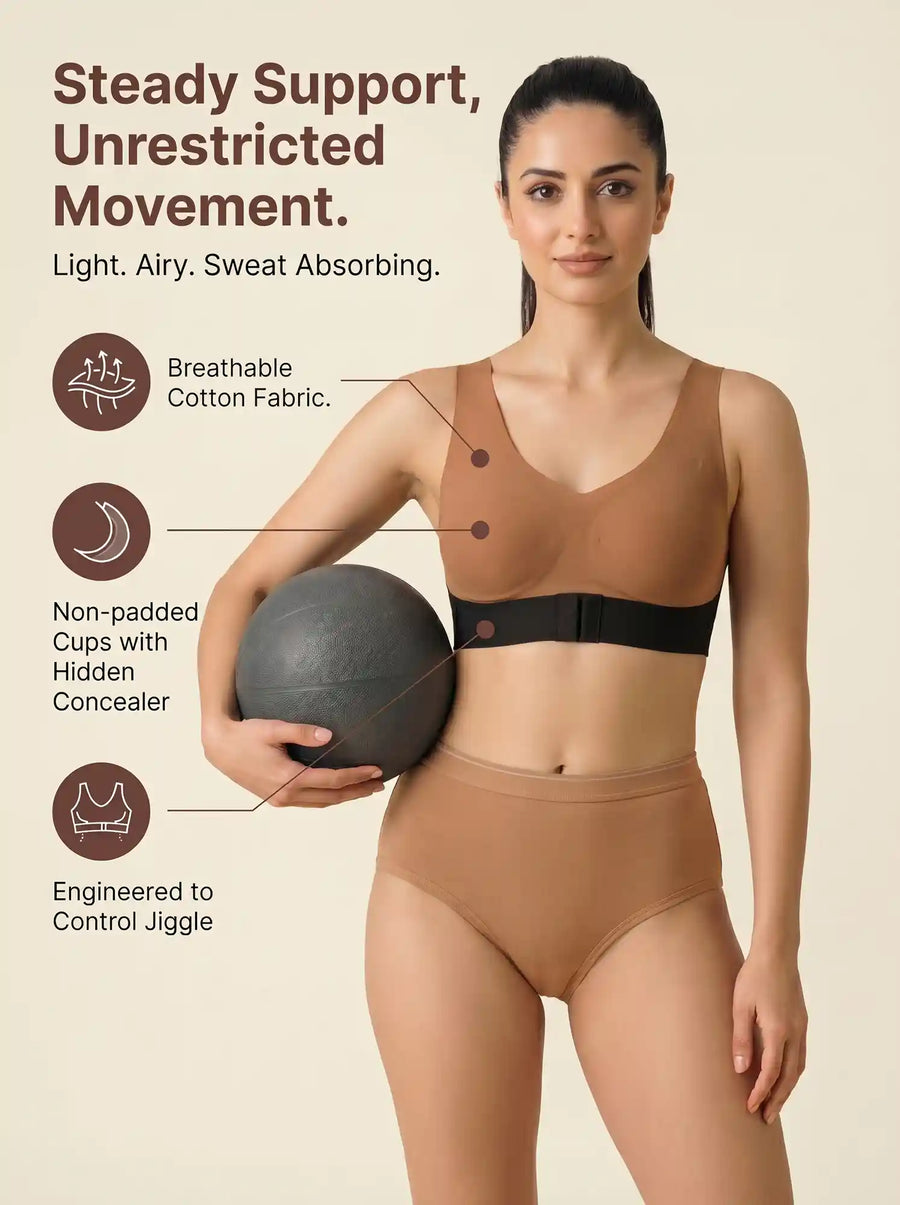 Cotton Padded Bonded Gym Bra | Crisscross Back | Mid Rise Flexifit Hipster Panty Lingerie Set (TW-SB-9977+63)(Fawn)
