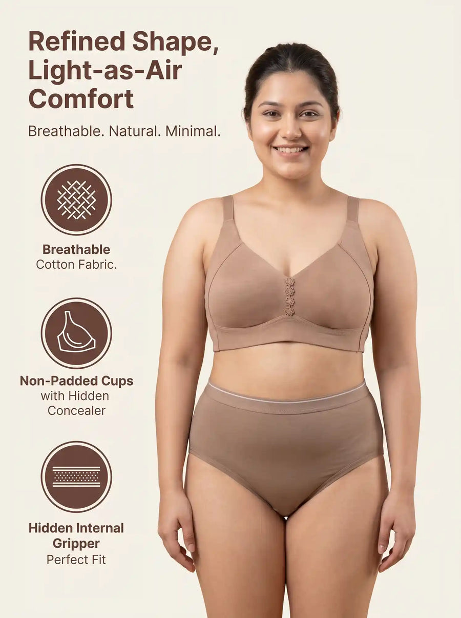 Cotton Non-Padded M-Frame Minimiser Bonded Bra & Mid Rise Flexifit Hipster Panty Lingerie Set (TW-SB-9303+63) (Fawn)