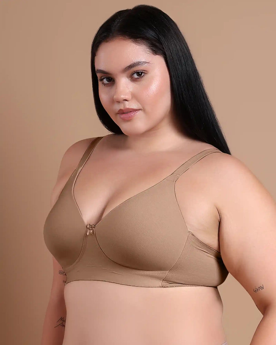 Cotton Padded Plus-Size T-Shirt Bonded Bra | Seamless Look, 360° Support & All-Day Comfort (TW-SB-9082) (Fawn) (MR)