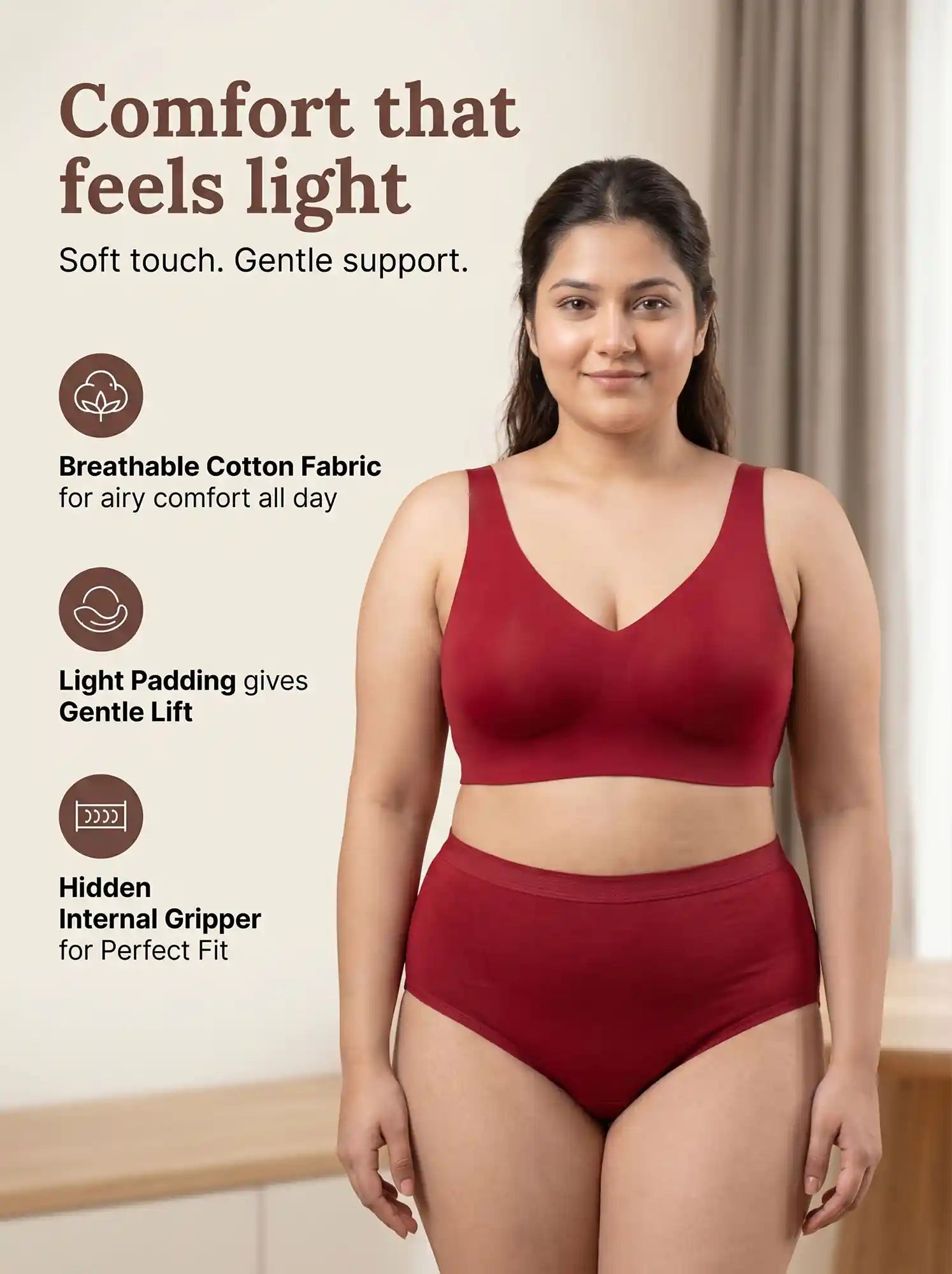 Cotton Plus Size Padded Bonded Bra | Full Coverage & Mid Rise Flexifit Hipster Panty Lingerie Set (TW-SB-918&63)(Red)