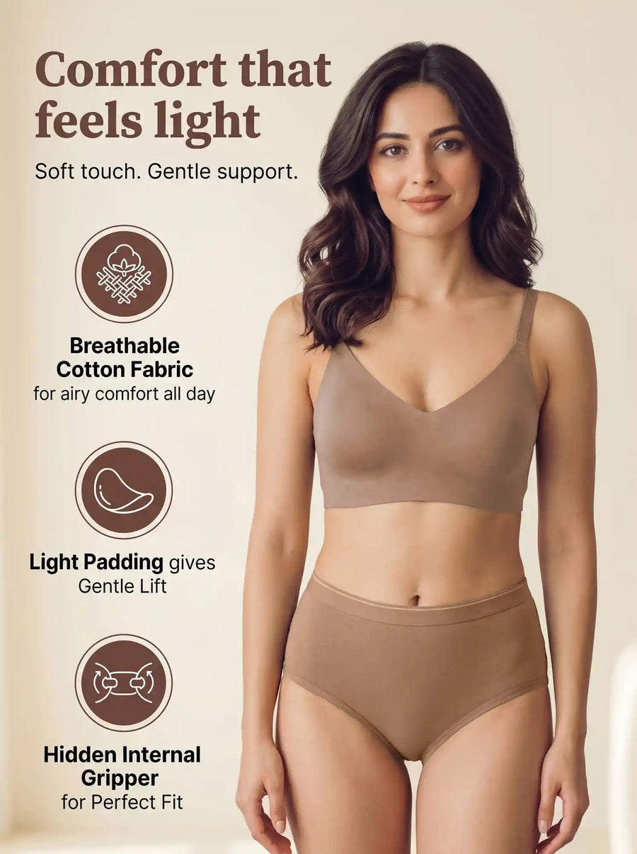 Cotton Full Coverage Non-Padded Bonded Bra & Mid Rise Flexifit Hipster Panty Lingerie Set  (TW-SB-935&63)(Fawn)