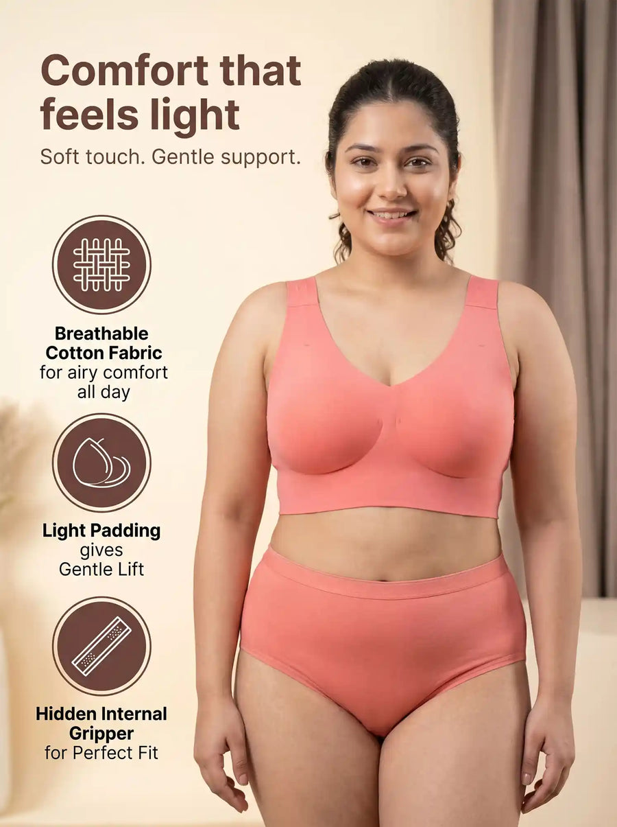 Cotton Plus Size Padded Bonded Bra | Full Coverage & Mid Rise Flexifit Hipster Panty Lingerie Set (TW-SB-918&63)(Coral)