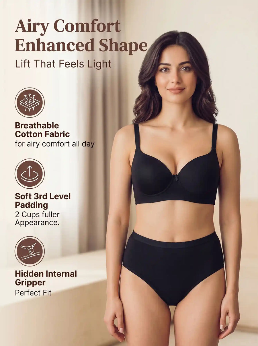 Cotton Push-Up Bonded Bra (Level-3 Padding) 3/4th Coverage & Mid Rise Flexifit Hipster Panty Lingerie Set  (TW-93510&63) (Black)