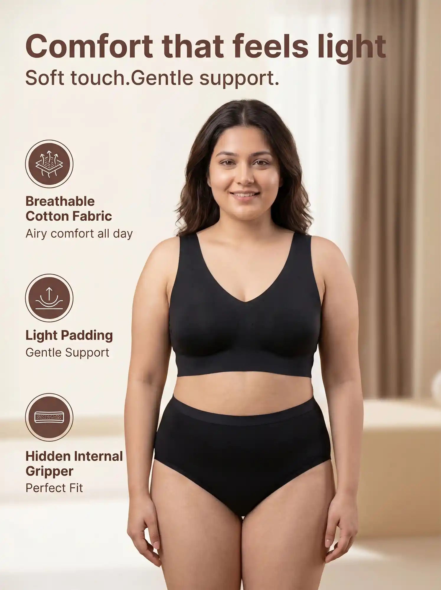 Cotton Plus Size Padded Bonded Bra | Full Coverage & Mid Rise Flexifit Hipster Panty Lingerie Set (TW-SB-918&63)(Black)