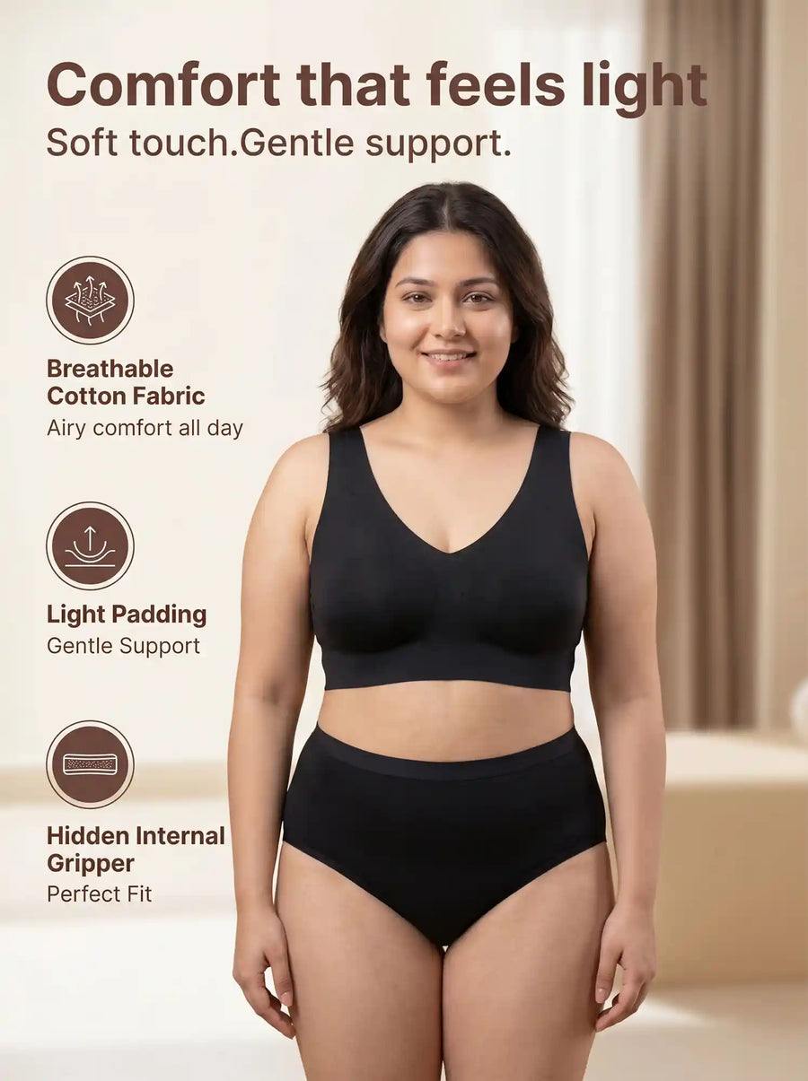Cotton Plus Size Padded Bonded Bra | Full Coverage & Mid Rise Flexifit Hipster Panty Lingerie Set (TW-SB-918&63)(Black)