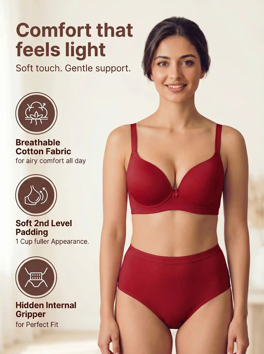 Cotton Push-Up Bonded Bra (Level-2 Padding) 3/4th Coverage & Mid Rise Flexifit Hipster Panty Lingerie Set  (TW-SB-97015&63)(Red)
