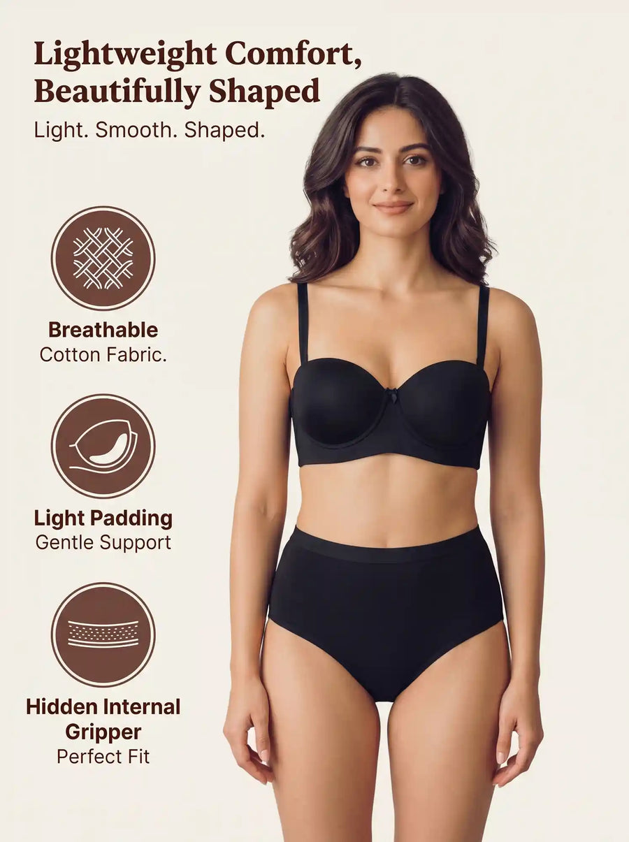 Cotton Padded Demi-Cup Bonded Bra & Mid Rise Flexifit Hipster Panty Lingerie Set (TW-SB-91012&63)(Black)