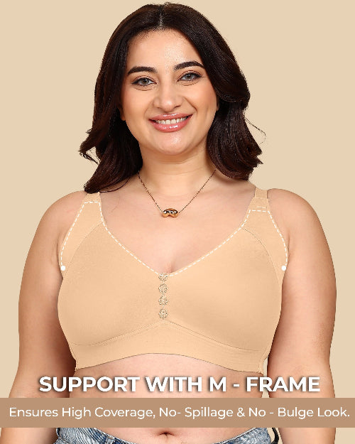 Woman wearing a beige bralette with text highlighting features on a beige background
