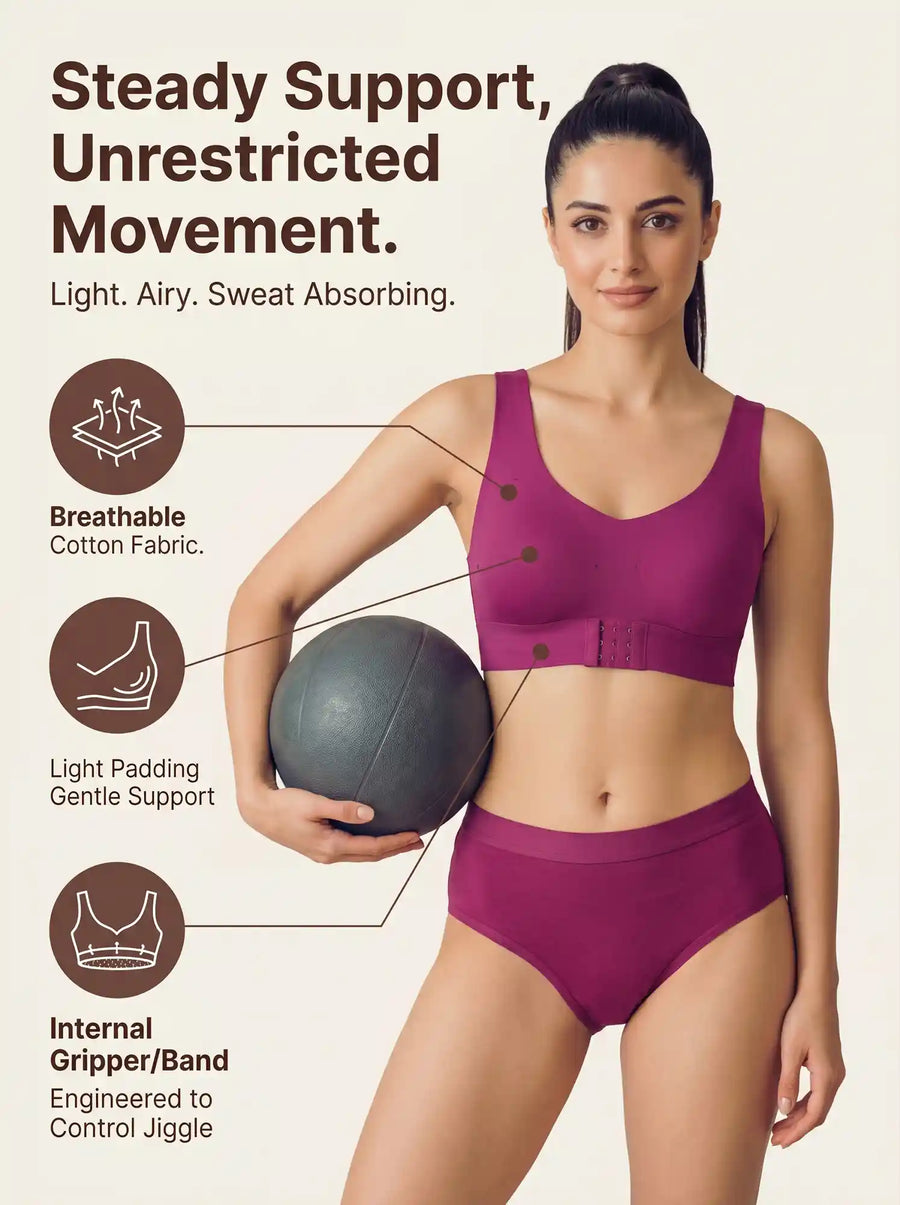 Cotton Padded Bonded Gym Bra | Crisscross Back | Mid Rise Flexifit Hipster Panty Lingerie Set (TW-SB-997+63)(Wine)