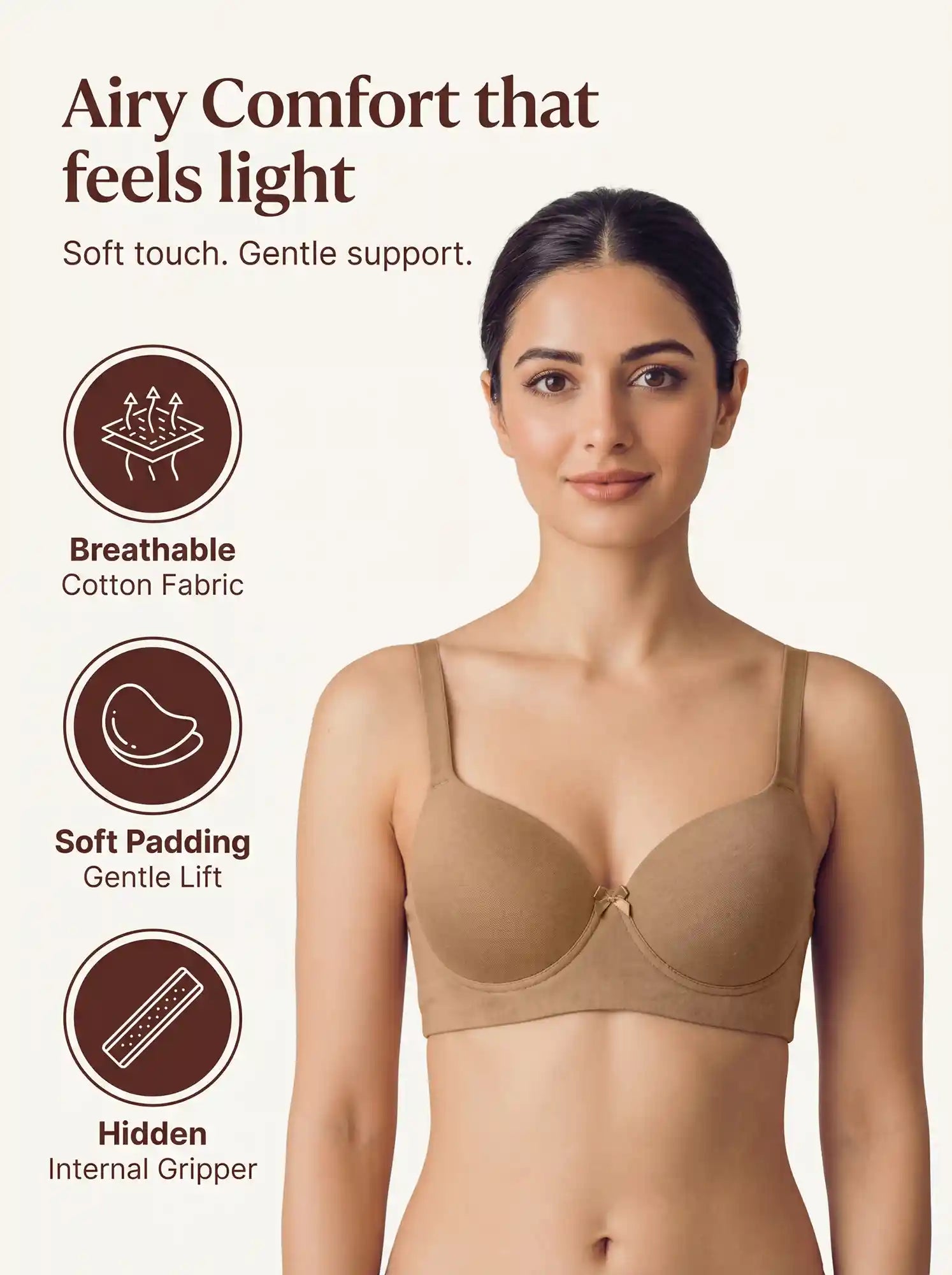 Cotton Padded Bonded Bra | Dailywear Seamless T-Shirt Bra | Breathable Cotton (TW-SB-9081-9082) (Fawn)