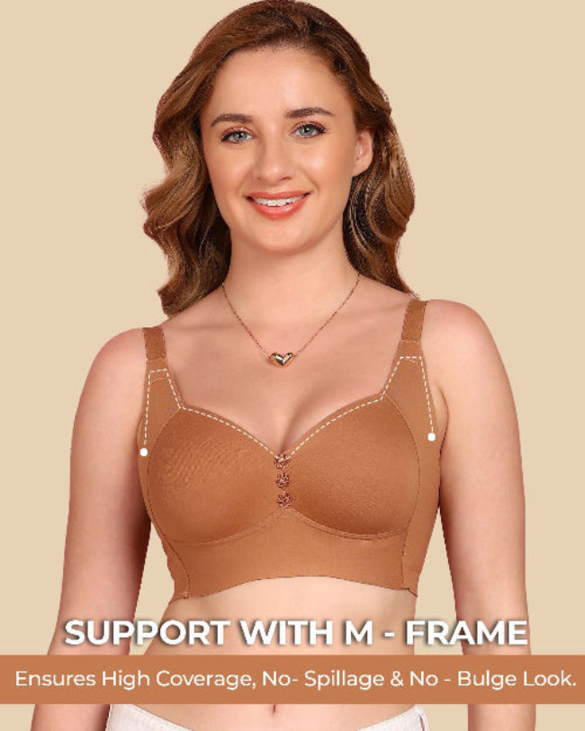 Woman wearing a brown bra with text on a beige background