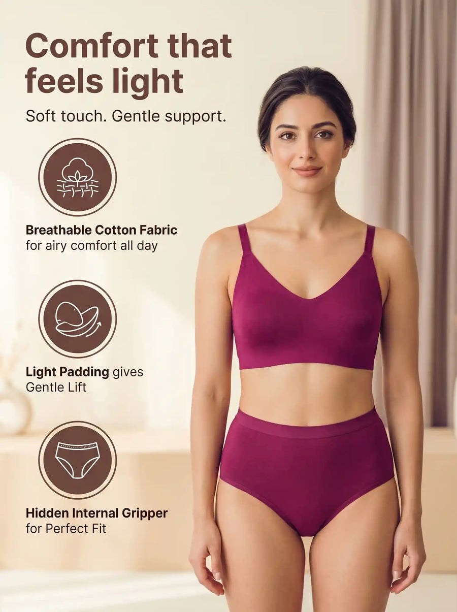 Cotton Full Coverage Non-Padded Bonded Bra & Mid Rise Flexifit Hipster Panty Lingerie Set (TW-SB-935&63)(Wine)