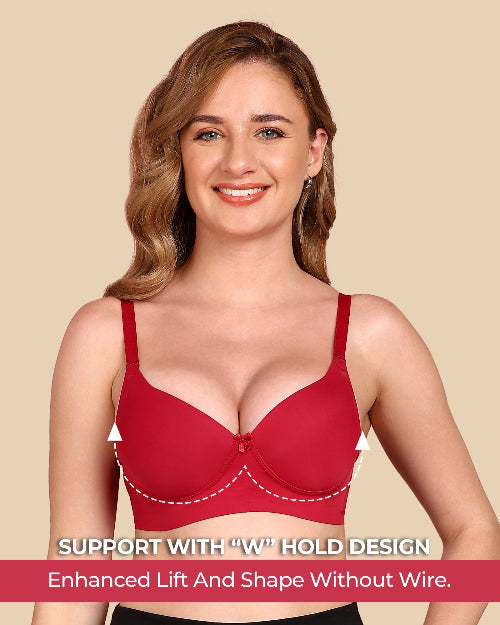 Woman wearing a red bra with text on a beige background