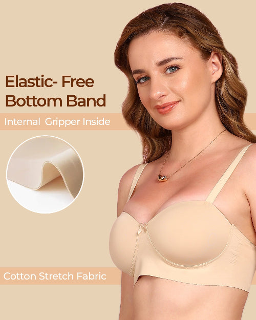 Woman wearing a beige bra with text highlighting features on a beige background