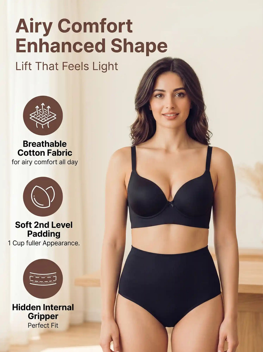 Cotton Push-Up Bonded Bra (Level-2 Padding) 3/4th Coverage & Mid Rise Flexifit Hipster Panty Lingerie Set  (TW-SB-97015&63)(Black)