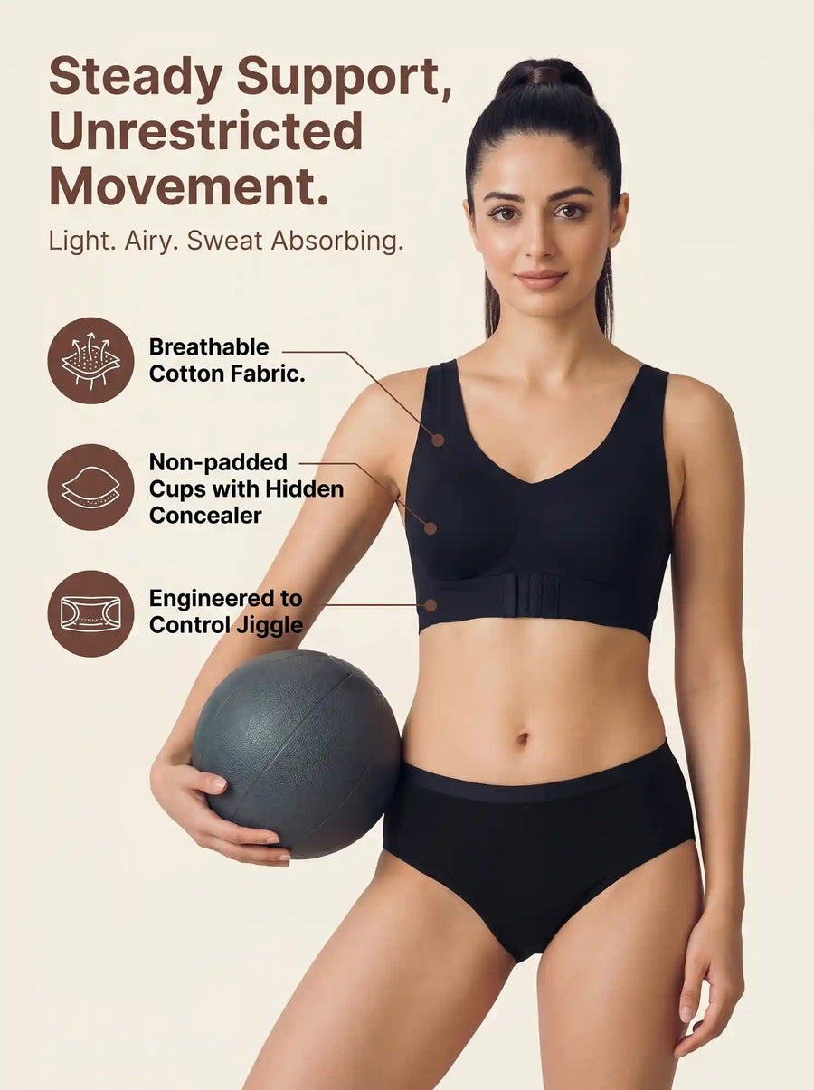 Cotton Non-Padded Bonded Gym Bra | Crisscross Back | Mid Rise Flexifit Hipster Panty Lingerie Set (TW-SB-95+63)(Black)